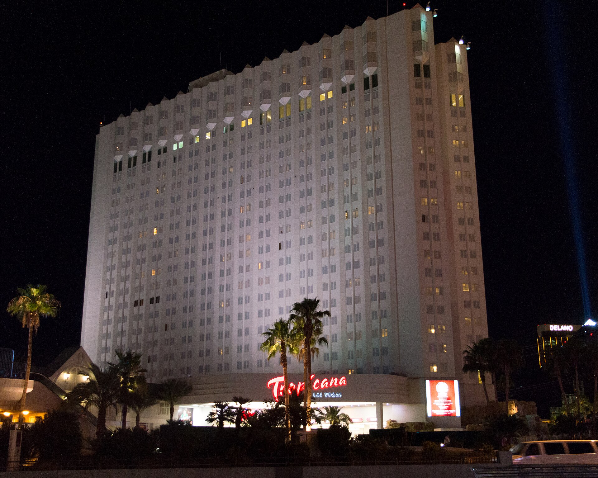 The former Tropicana Las Vegas at night, the site of the Athletics ballpark